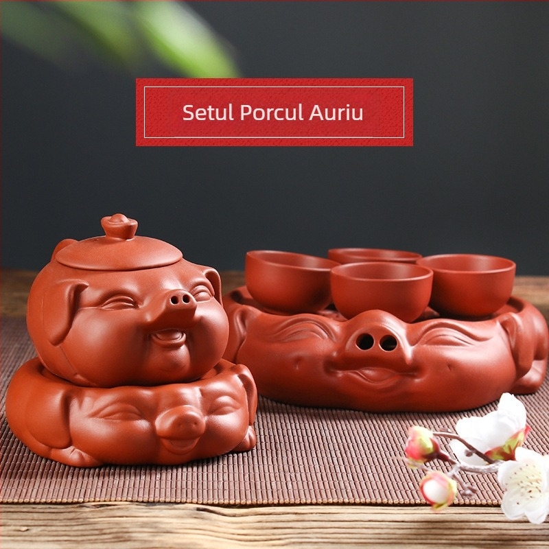 Set mini ceainic și cești din lut mov Yixing, cu farfurie pentru ceai, set Kung Fu de ceai