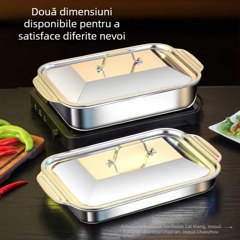 Tavă gril din oțel inoxidabil îngroșat pentru pește și grătar, înaltă și adâncă, cu mâner dublu, anti-arsură, compatibilă cu plita cu inducție