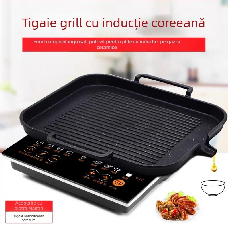Tigaie de grătar în stil coreean cu piatră Maifan, antiaderentă, fără fum, pentru plite cu inducție, uz casnic și comercial, placă teppanyaki pentru grătar