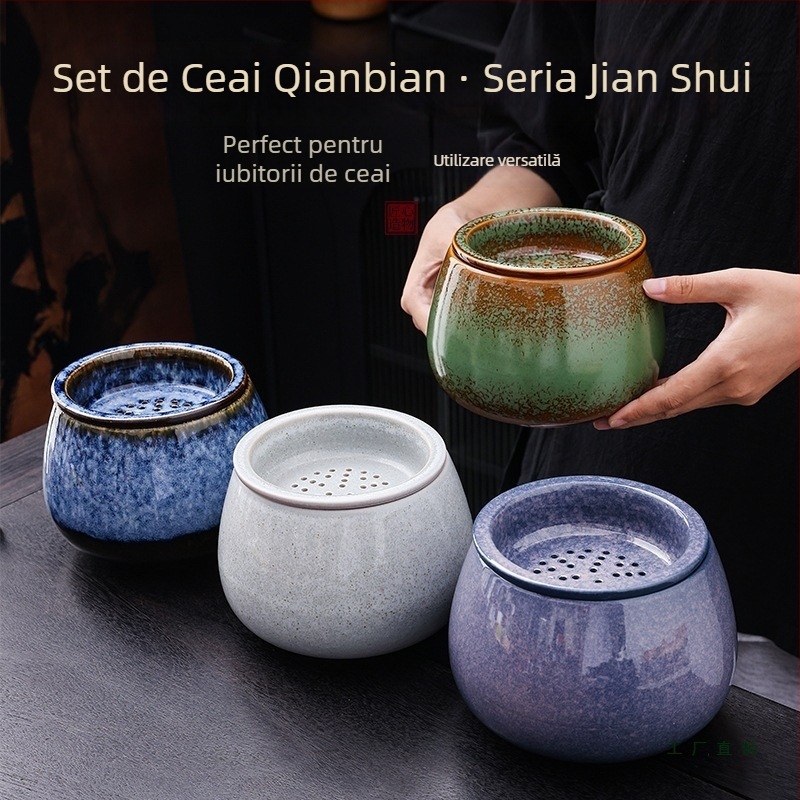 Recipient ceramic pentru zaț de ceai, cu capac filtrant, pentru birou