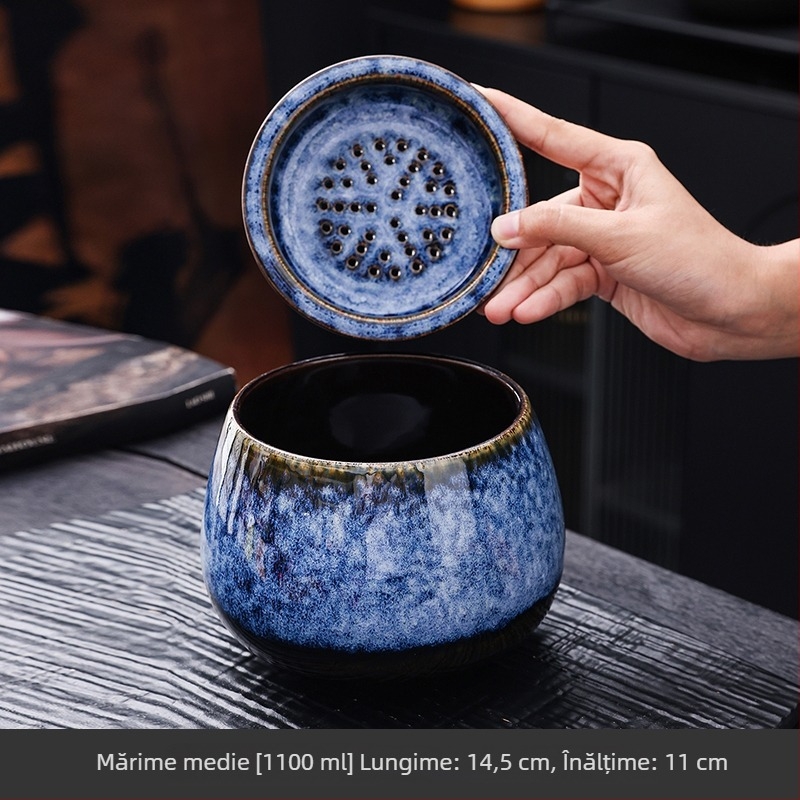 Recipient ceramic pentru zaț de ceai, cu capac filtrant, pentru birou