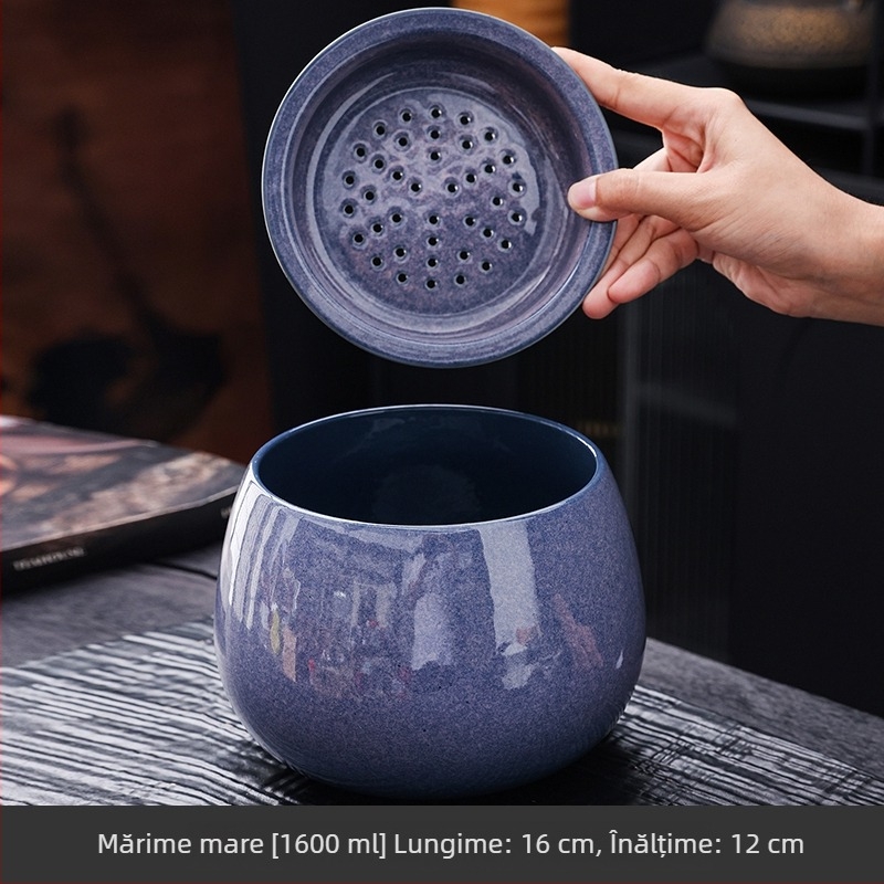 Recipient ceramic pentru zaț de ceai, cu capac filtrant, pentru birou