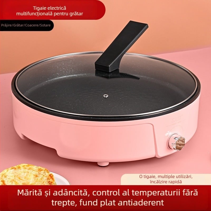 Tigaie electrică all-in-one pentru casă – grătar și prăjit în același timp, corp din metal, putere 1501 W și mai mare, capacitate sub 1 L, adâncime a vasului interior 10 cm, potrivit pentru 3–4 persoane, controlul temperaturii