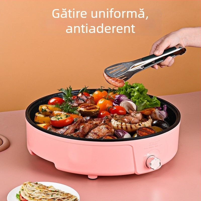 Tigaie electrică all-in-one pentru casă – grătar și prăjit în același timp, corp din metal, putere 1501 W și mai mare, capacitate sub 1 L, adâncime a vasului interior 10 cm, potrivit pentru 3–4 persoane, controlul temperaturii