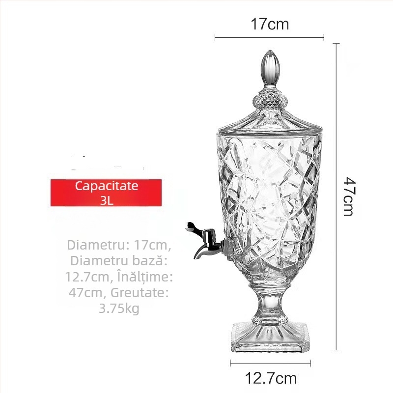 Dispenser din sticlă cu robinet, design reliefat, potrivit pentru sucuri, apă, lapte și ceai.