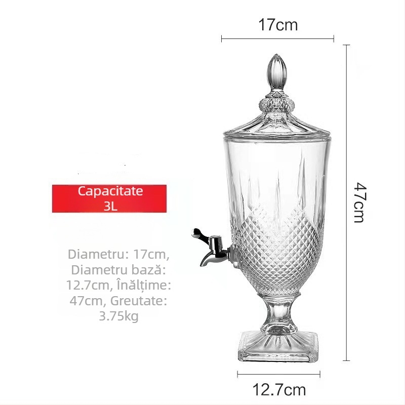 Dispenser din sticlă cu robinet, design reliefat, potrivit pentru sucuri, apă, lapte și ceai.