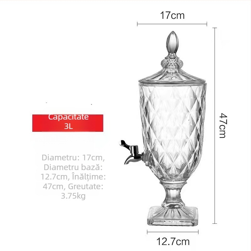 Dispenser din sticlă cu robinet, design reliefat, potrivit pentru sucuri, apă, lapte și ceai.