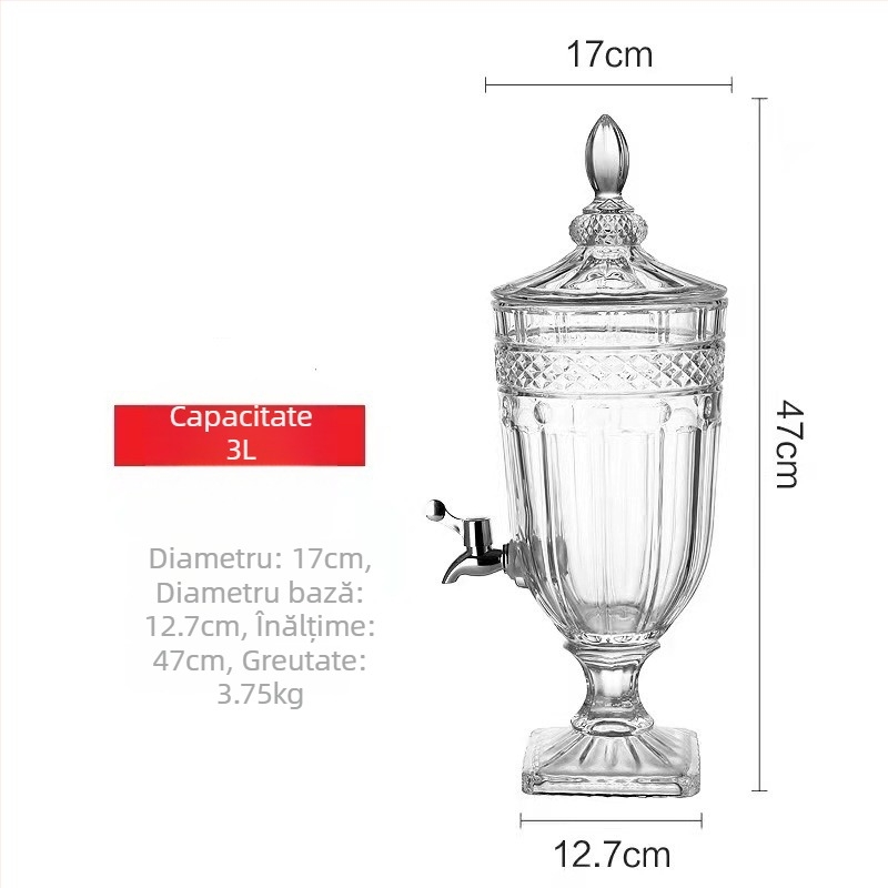Dispenser din sticlă cu robinet, design reliefat, potrivit pentru sucuri, apă, lapte și ceai.