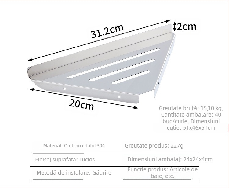 Raft de colț triunghiular din oțel inoxidabil, montat pe perete, pentru baie, culoare albastru