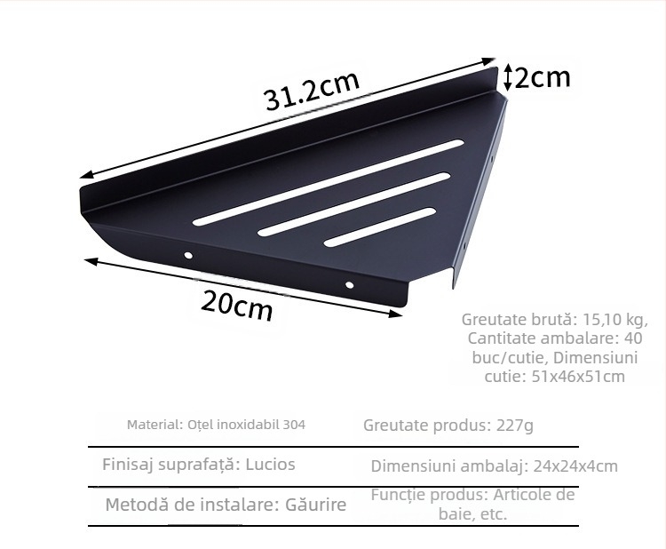 Raft de colț triunghiular din oțel inoxidabil, montat pe perete, pentru baie, culoare albastru