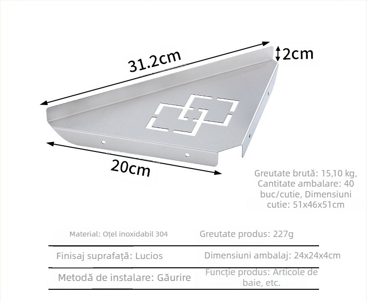Raft de colț triunghiular din oțel inoxidabil, montat pe perete, pentru baie, culoare albastru