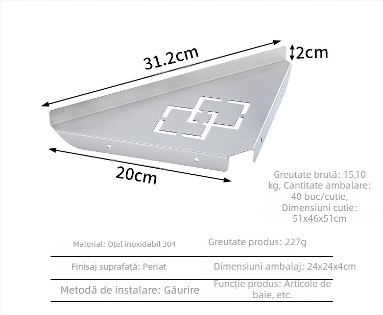 Raft de colț triunghiular din oțel inoxidabil, montat pe perete, pentru baie, culoare albastru