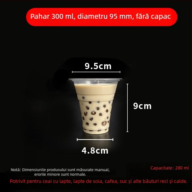 Pahar de unică folosință pentru milk tea cu capac, din plastic transparent, diametru 95 mm, capacitate 600 ml