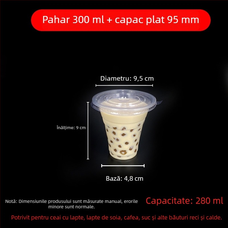 Pahar de unică folosință pentru milk tea cu capac, din plastic transparent, diametru 95 mm, capacitate 600 ml
