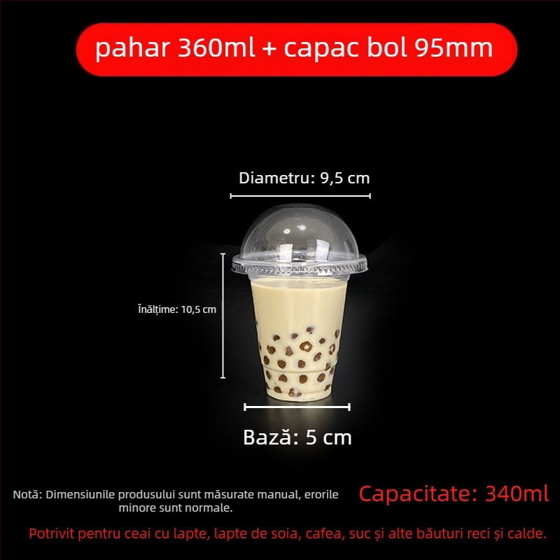 Pahar de unică folosință pentru milk tea cu capac, din plastic transparent, diametru 95 mm, capacitate 600 ml