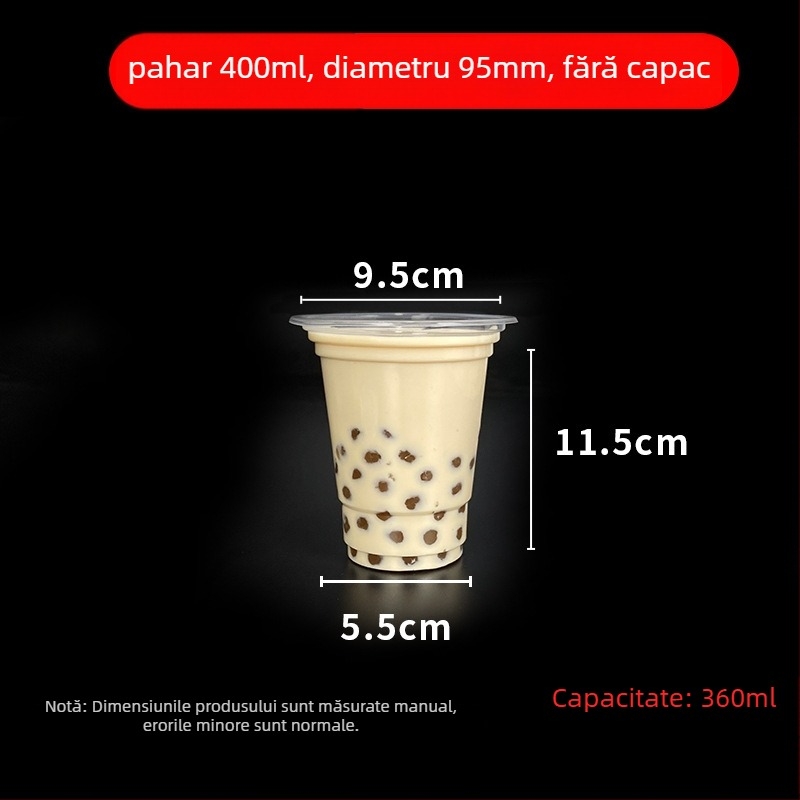 Pahar de unică folosință pentru milk tea cu capac, din plastic transparent, diametru 95 mm, capacitate 600 ml