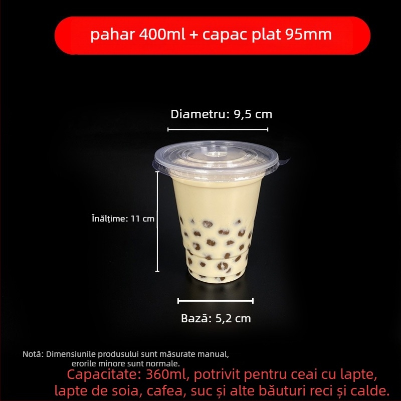 Pahar de unică folosință pentru milk tea cu capac, din plastic transparent, diametru 95 mm, capacitate 600 ml
