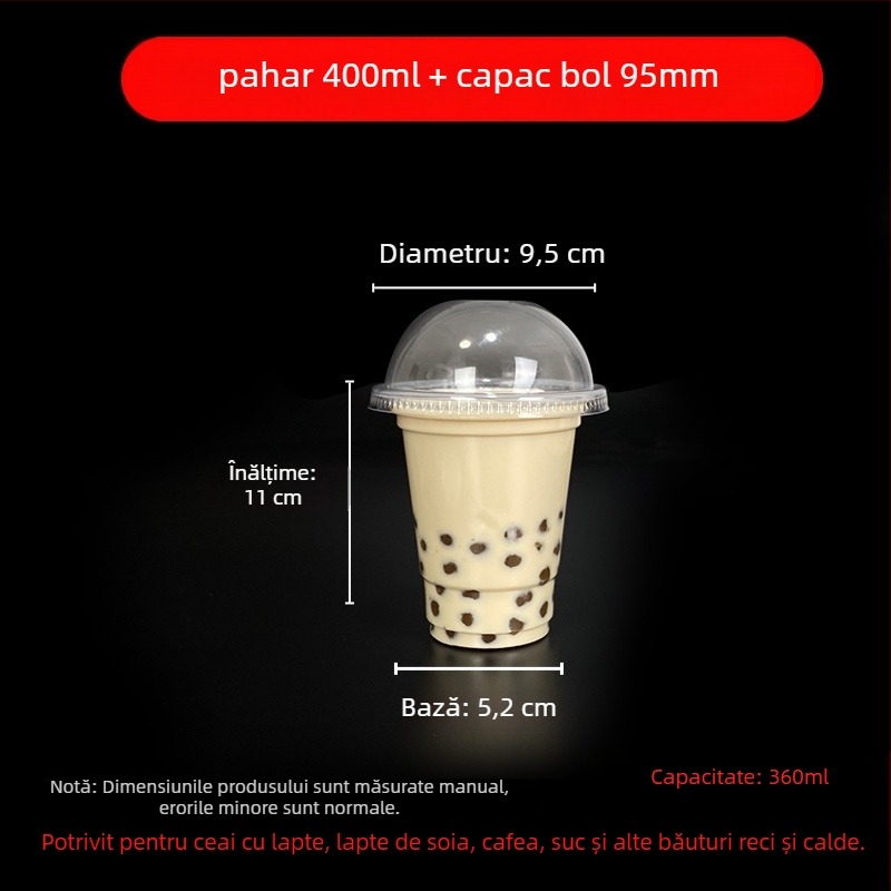 Pahar de unică folosință pentru milk tea cu capac, din plastic transparent, diametru 95 mm, capacitate 600 ml