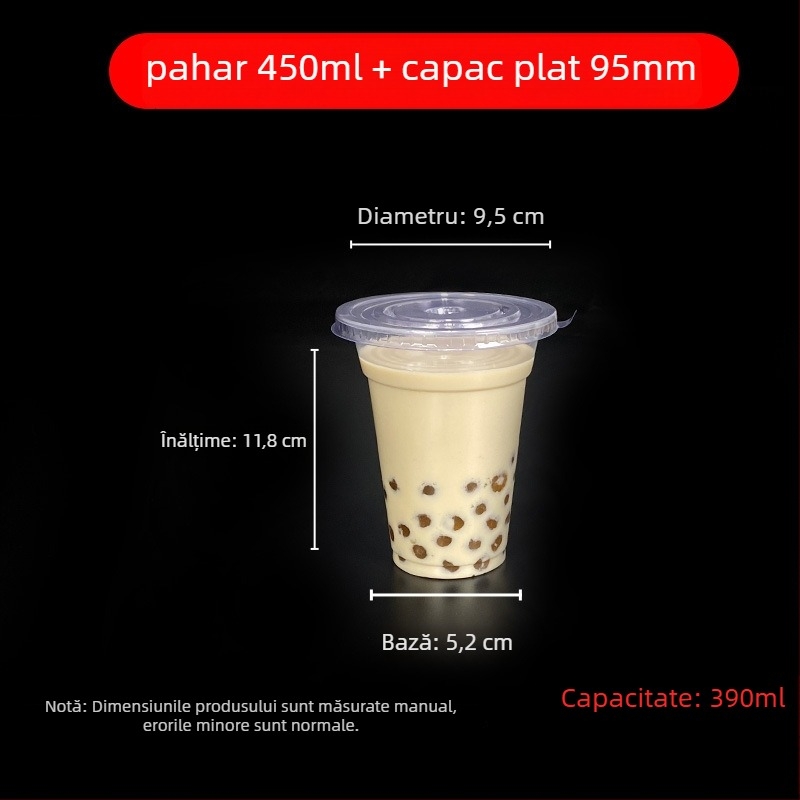 Pahar de unică folosință pentru milk tea cu capac, din plastic transparent, diametru 95 mm, capacitate 600 ml