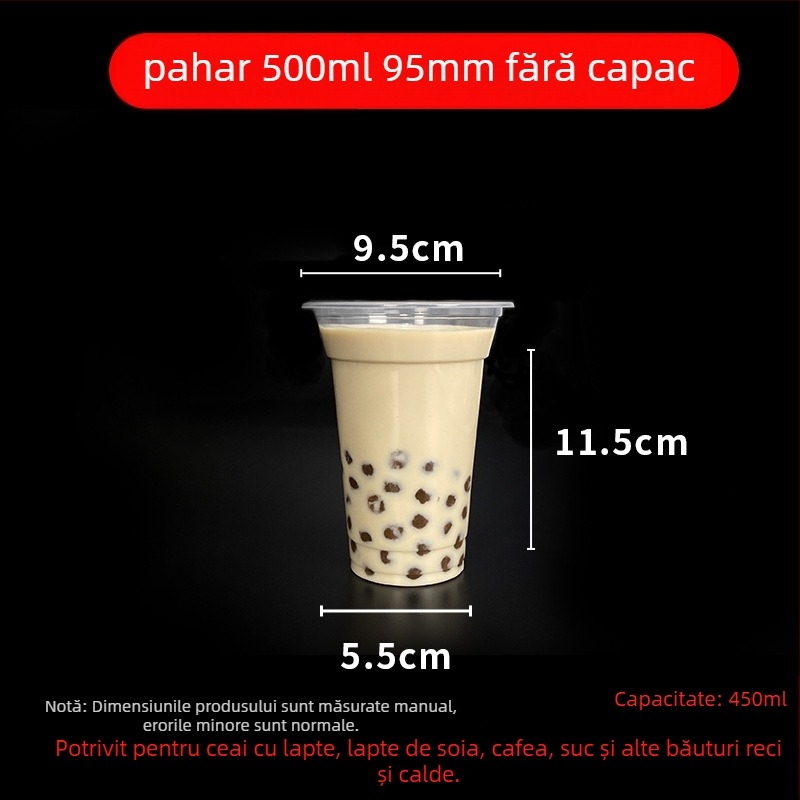 Pahar de unică folosință pentru milk tea cu capac, din plastic transparent, diametru 95 mm, capacitate 600 ml