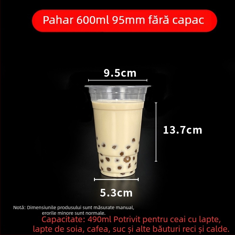 Pahar de unică folosință pentru milk tea cu capac, din plastic transparent, diametru 95 mm, capacitate 600 ml