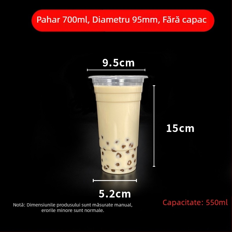Pahar de unică folosință pentru milk tea cu capac, din plastic transparent, diametru 95 mm, capacitate 600 ml