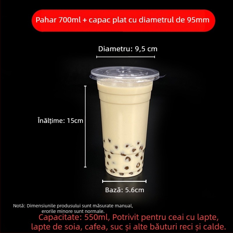 Pahar de unică folosință pentru milk tea cu capac, din plastic transparent, diametru 95 mm, capacitate 600 ml