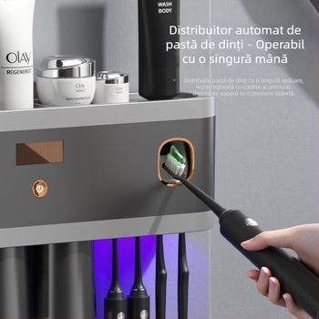Suport pentru periute cu dezinfectare UV, multifuncțional, montaj pe perete fără găuri, gri metalic, cu mecanism de stoarcere a pastei de dinți