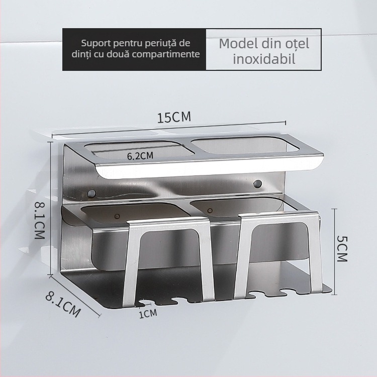 Suport pentru periuțe din oțel inoxidabil 304, montaj pe perete fără găuri, organizator de baie multifuncțional