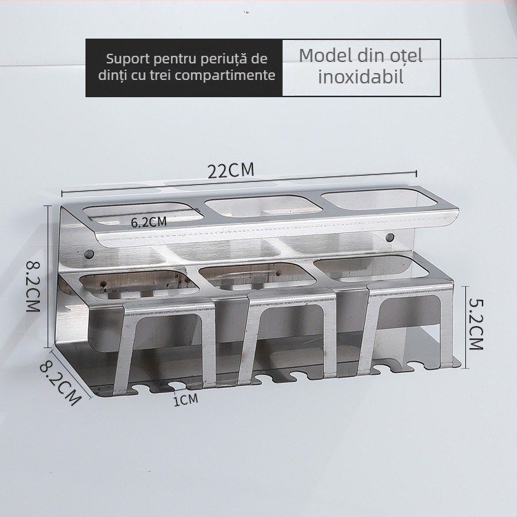 Suport pentru periuțe din oțel inoxidabil 304, montaj pe perete fără găuri, organizator de baie multifuncțional