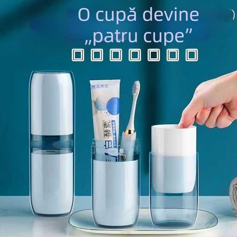 Set portabil pentru periuța de dinți și pahare de clătire, cu spațiu pentru pastă de dinți