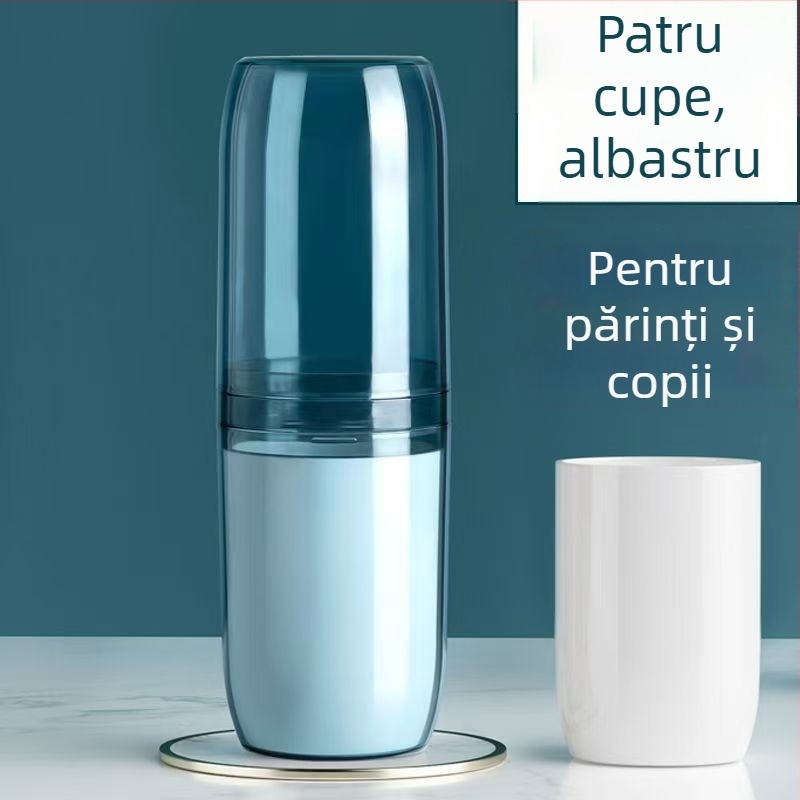 Set portabil pentru periuța de dinți și pahare de clătire, cu spațiu pentru pastă de dinți
