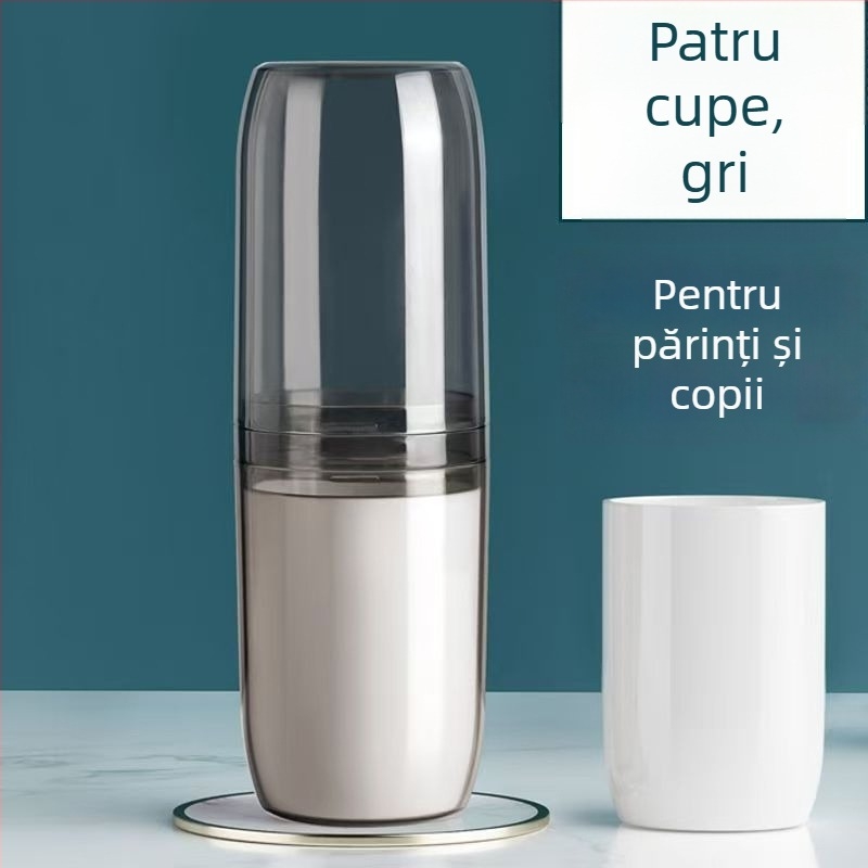 Set portabil pentru periuța de dinți și pahare de clătire, cu spațiu pentru pastă de dinți