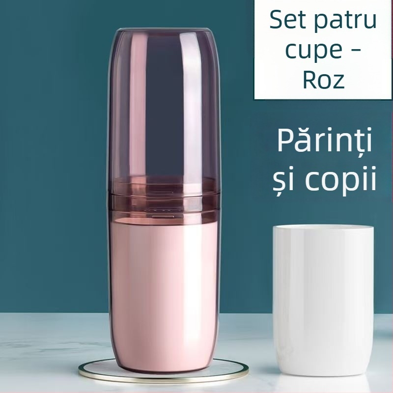 Set portabil pentru periuța de dinți și pahare de clătire, cu spațiu pentru pastă de dinți