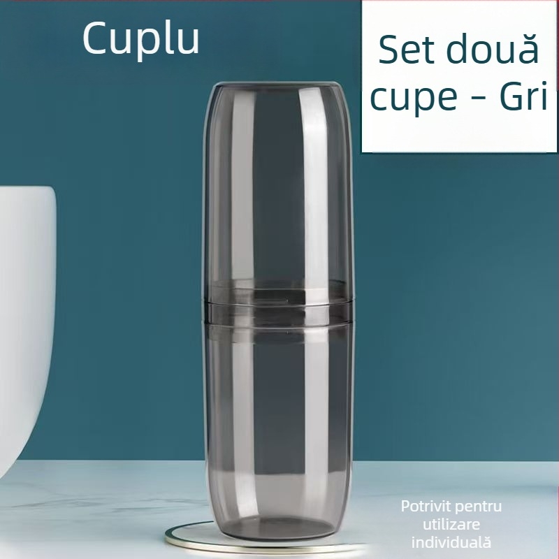 Set portabil pentru periuța de dinți și pahare de clătire, cu spațiu pentru pastă de dinți