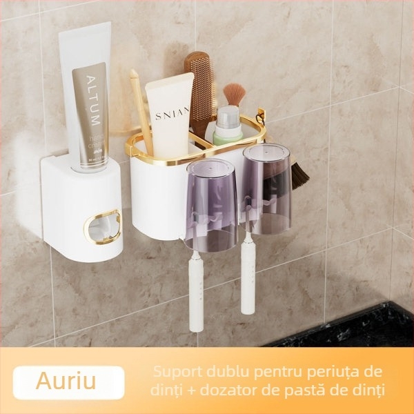Suport pentru periuțe de dinți și cană, cu dozator de pastă, montat pe perete – fără găuri