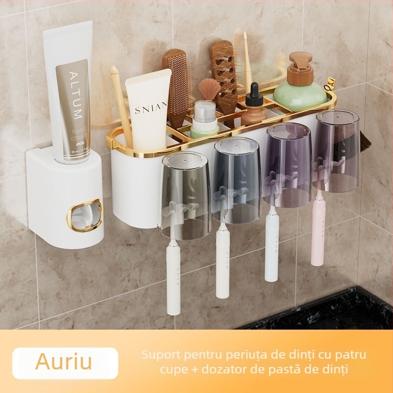 Suport pentru periuțe de dinți și cană, cu dozator de pastă, montat pe perete – fără găuri