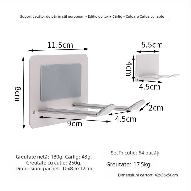 Raft de perete pentru uscător de păr, fără găuri, din oțel inox, negru mat, baie, stil minimalist modern