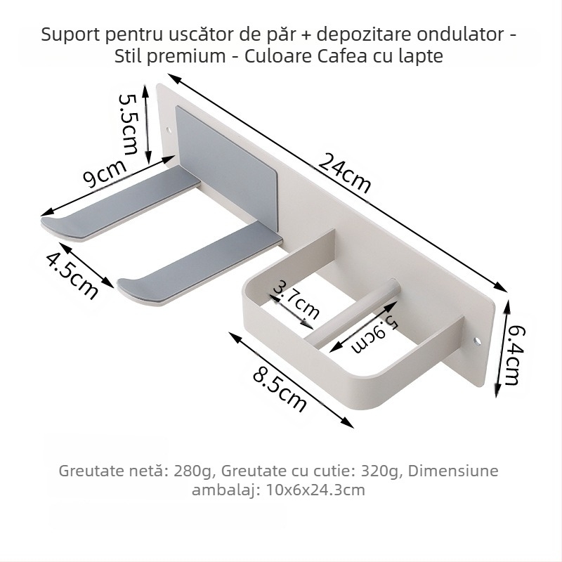Raft de perete pentru uscător de păr, fără găuri, din oțel inox, negru mat, baie, stil minimalist modern