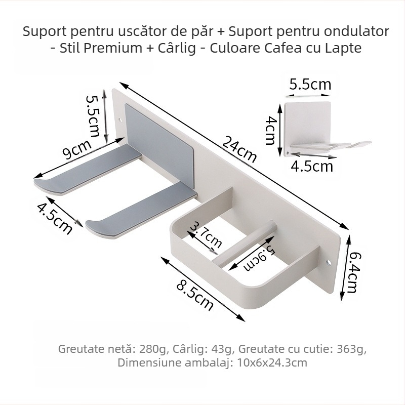 Raft de perete pentru uscător de păr, fără găuri, din oțel inox, negru mat, baie, stil minimalist modern