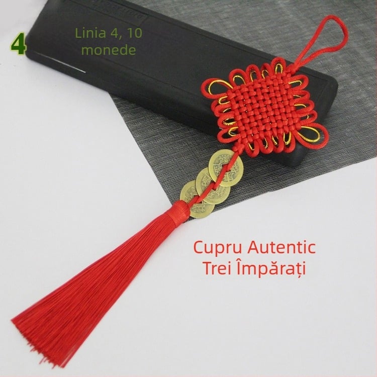 Nod chinezesc roșu cu pandantiv din monedă de cupru, lucrat manual, decor norocos
