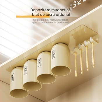 Suport magnetic pentru periuțe de dinți cu suport pentru pahare, montat pe perete sub dulapul cu oglindă, fără găuri