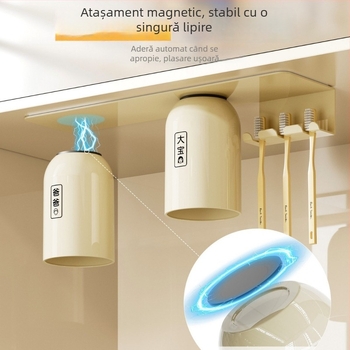 Suport magnetic pentru periuțe de dinți cu suport pentru pahare, montat pe perete sub dulapul cu oglindă, fără găuri