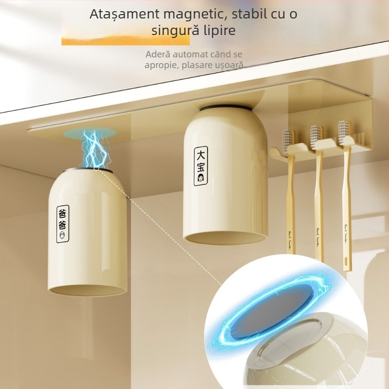 Suport magnetic pentru periuțe de dinți cu suport pentru pahare, montat pe perete sub dulapul cu oglindă, fără găuri