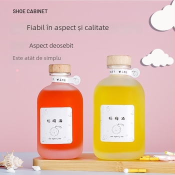 Sticlă din sticlă pentru depozitare sigilată a băuturilor, finisaj transparent sau mat, pentru vin de fructe făcut acasă, cu dop din lemn.