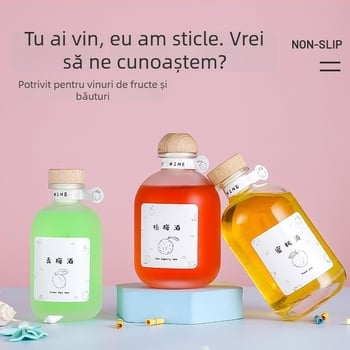 Sticlă din sticlă pentru depozitare sigilată a băuturilor, finisaj transparent sau mat, pentru vin de fructe făcut acasă, cu dop din lemn.