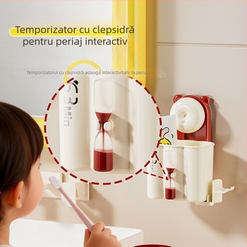 Suport pentru periuțe de dinți cu ventuză, montaj pe perete, fără găuri, cu cană de clătire cu clepsidră, baie, pentru copii