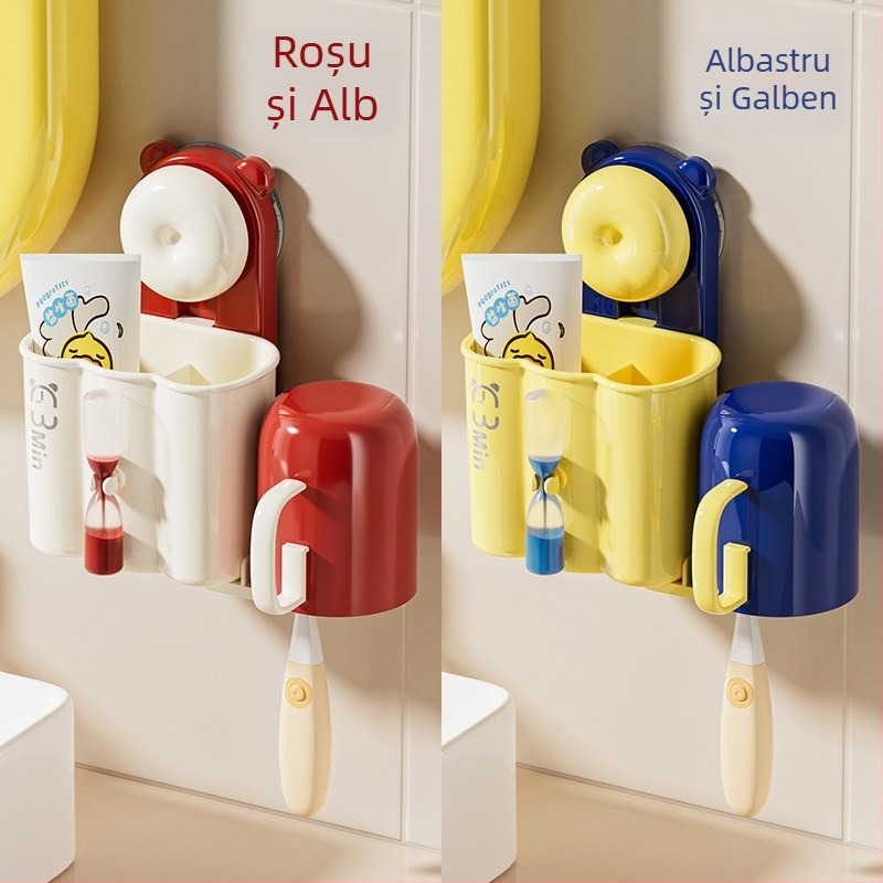 Suport pentru periuțe de dinți cu ventuză, montaj pe perete, fără găuri, cu cană de clătire cu clepsidră, baie, pentru copii