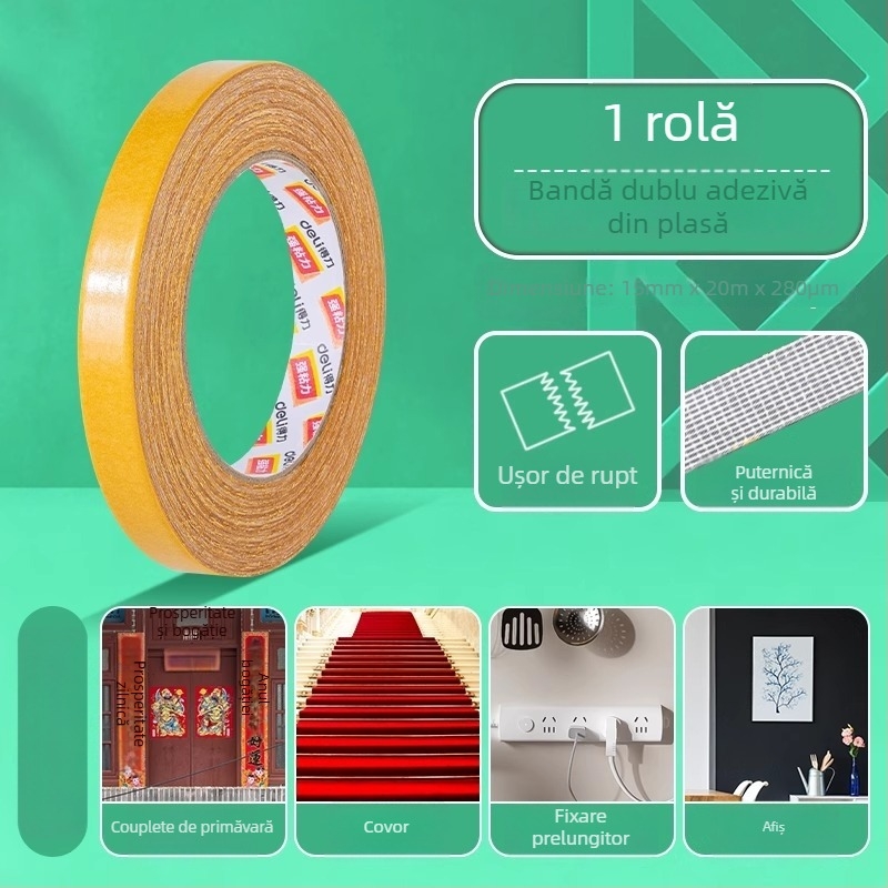 Deli bandă dublu adezivă pe bază de pânză, vâscozitate mare, fără urme, aderență invizibilă, prindere puternică, model 30802, lungime 20 m, lățime 30 mm, grosime 280 μm