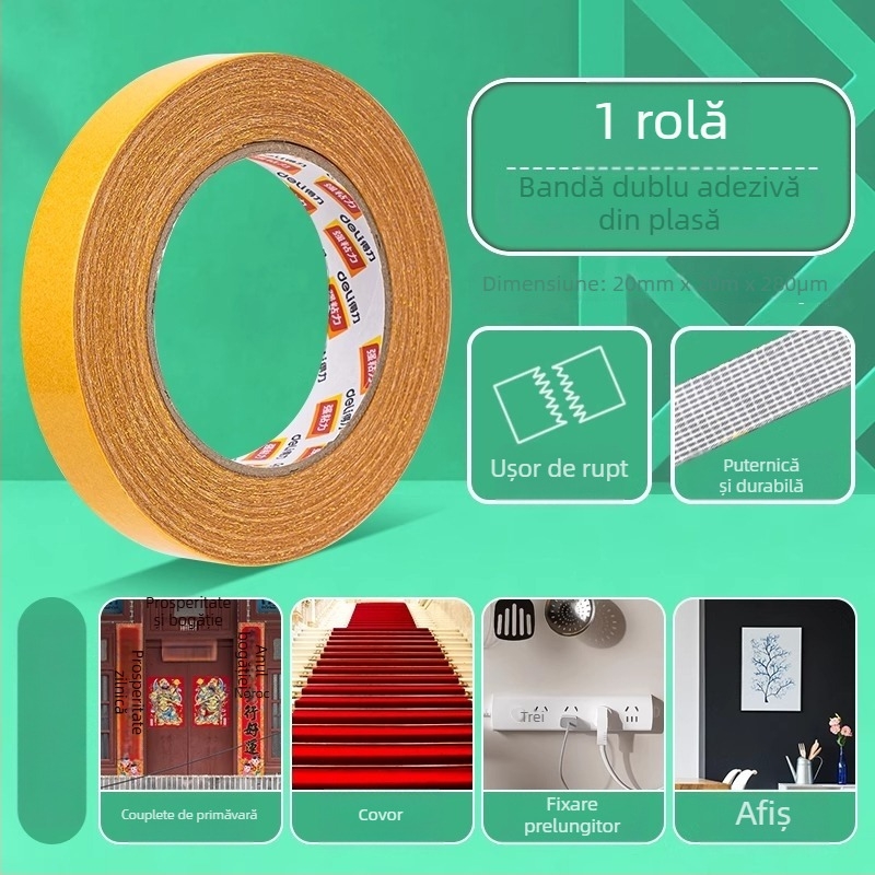 Deli bandă dublu adezivă pe bază de pânză, vâscozitate mare, fără urme, aderență invizibilă, prindere puternică, model 30802, lungime 20 m, lățime 30 mm, grosime 280 μm